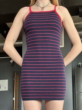 Blue Blush Navy and Pink Striped Spaghetti Strap Mini Dress